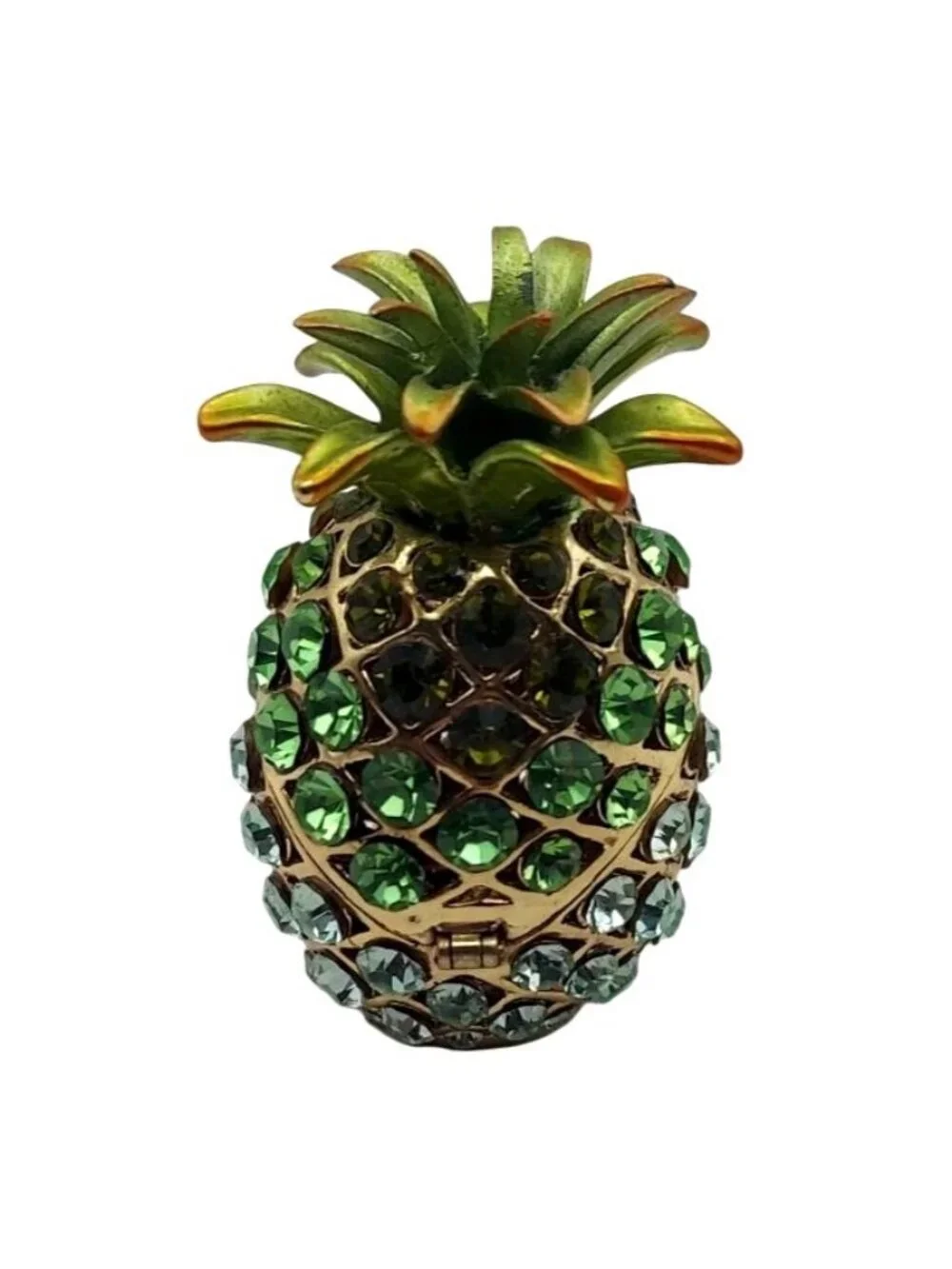 Jeweled Pineapple Hinged Magnetic Trinket Box Goldtone Enamel Blue Green Crystal